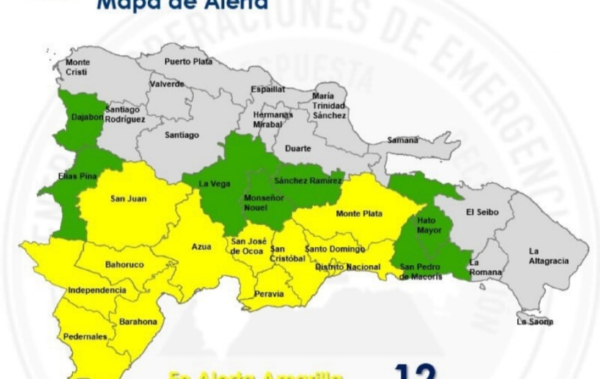 COE mantiene 12 provincias y el Distrito Nacional en alerta amarilla y 7 en verde por lluvias